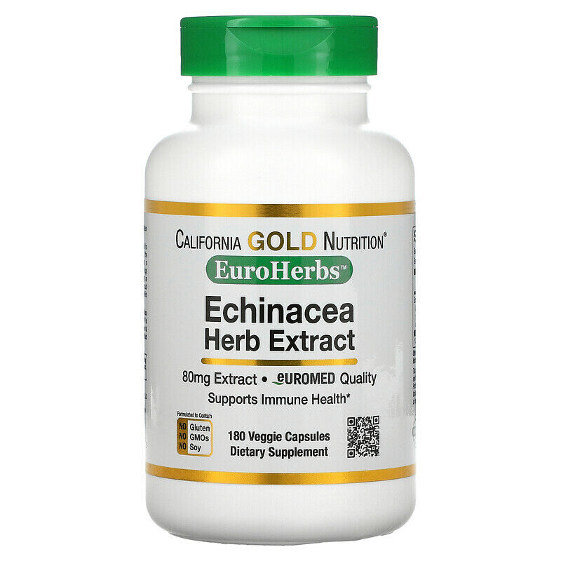 California Gold Nutrition EuroHerbs Echinacea Herb Extract Veg 80mg 180 caps NEW