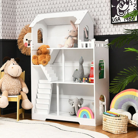 White 3 Tier Large Wooden Montessori Dollhouse Bookcase | Toy Storage