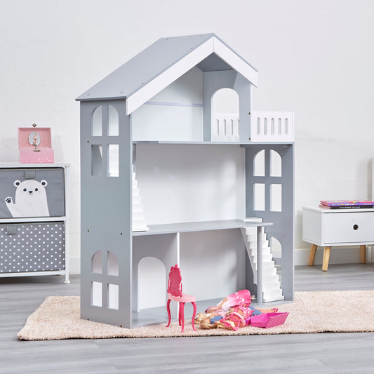 Large Wooden Montessori Bookcase Dollhouse | Bookshelf | Toy Storage | White & Grey